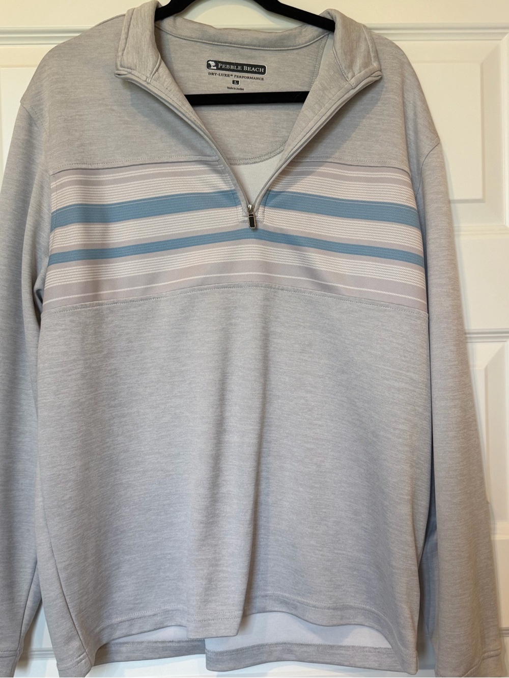 Pebble Beach Men's Light Gray Quarter-Zip Pullover with Blue Stripes